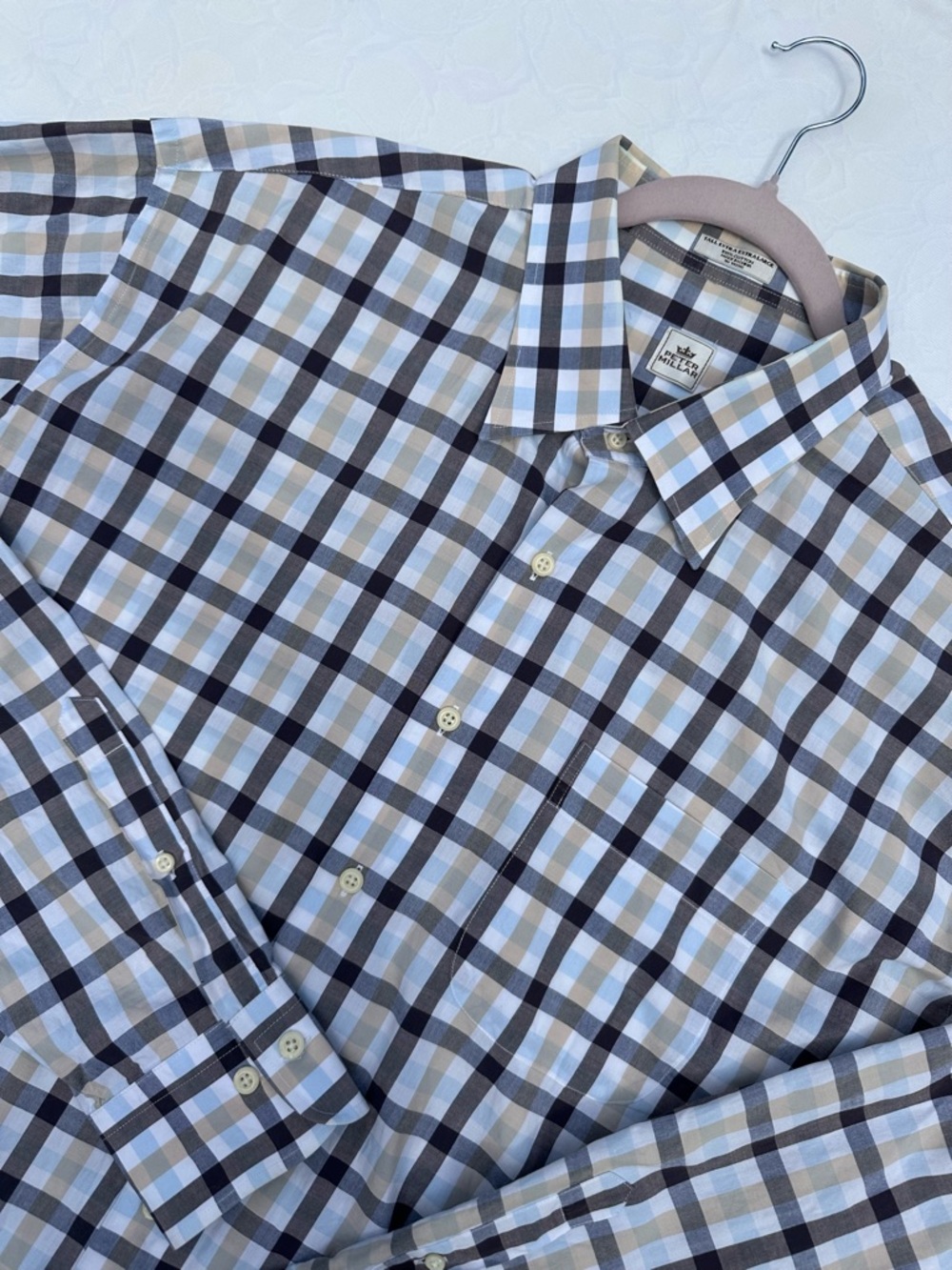 Peter Millar Men’s Light Blue and Brown Check Dress Shirt